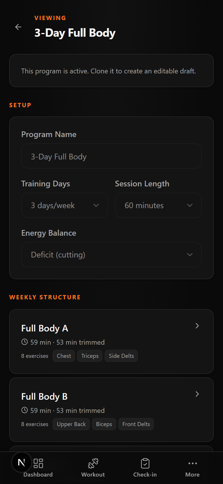 Program builder with weekly structure and guidance score