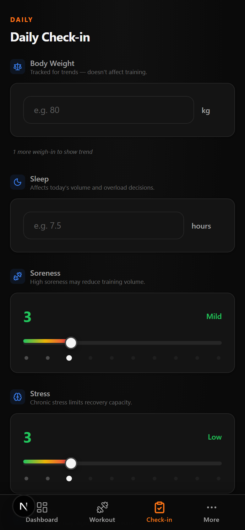 Weekly check-in screen for setting availability and recovery status