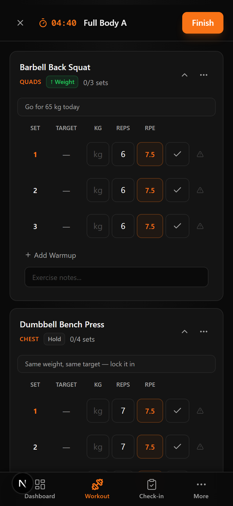 Active workout session with progression recommendations and set logging