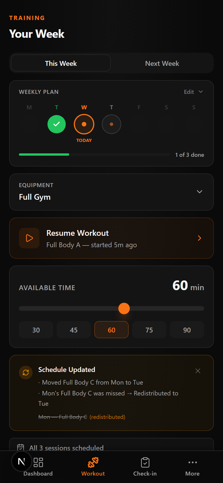 Workout selection showing upcoming training sessions